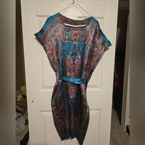 Vintage Jackpot Belted Kaftan Dress Teal Pink